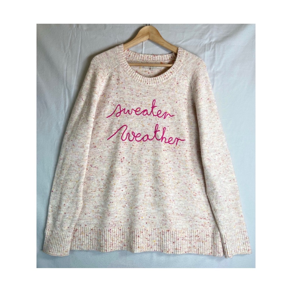 Loft Womens XL Cream Confetti Sweater Weather Embroidered Raglan Knit Pullover